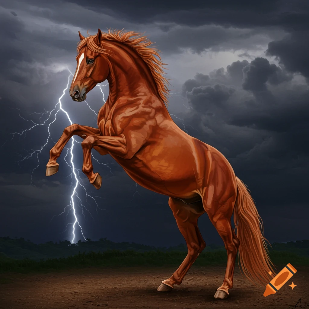 A chestnut horse rearing on its hind legs against a dark, stormy sky with lightning.