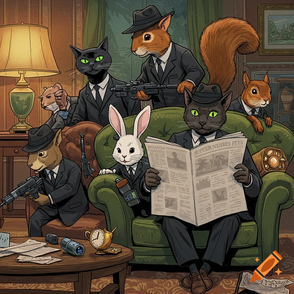 Anthropomorphic animals in suits, some with guns, gathered in a room, one reading a newspaper.