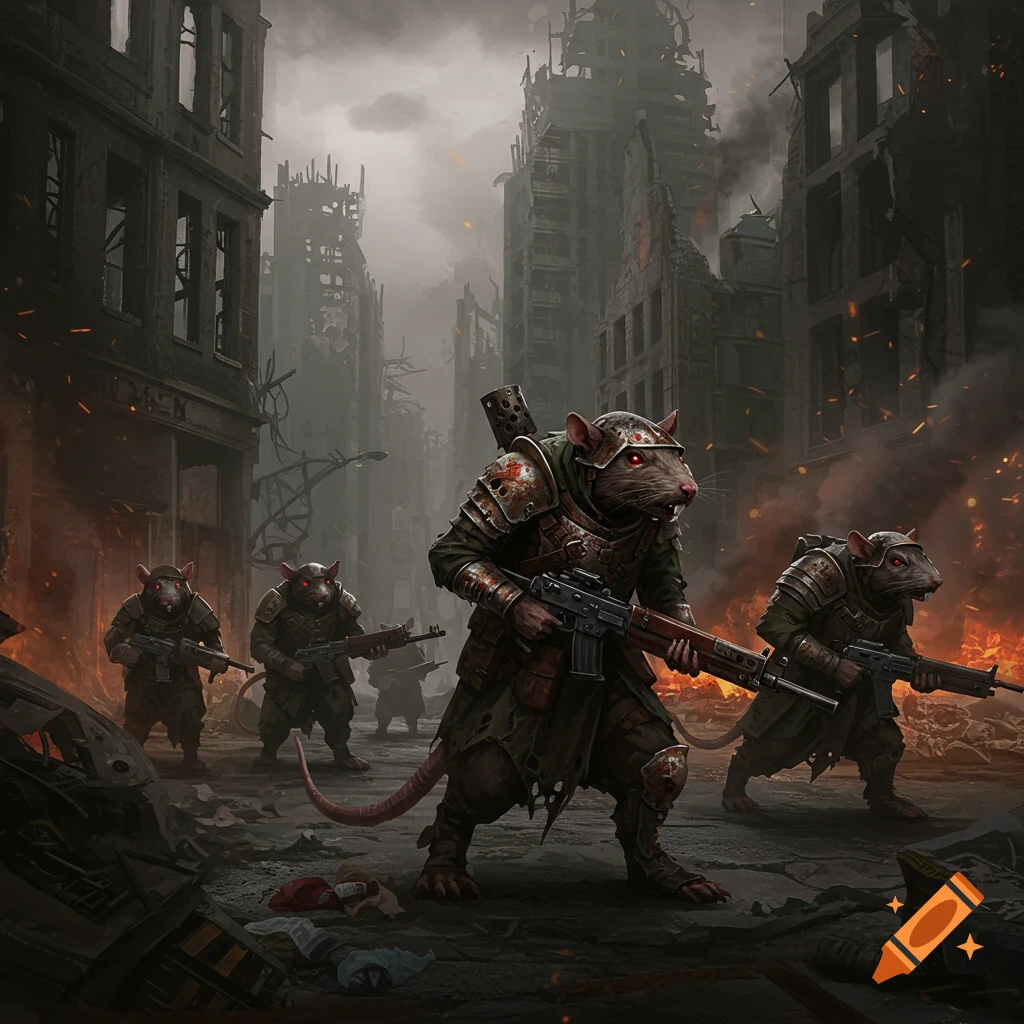 Rat soldiers march through a ruined city engulfed in fire