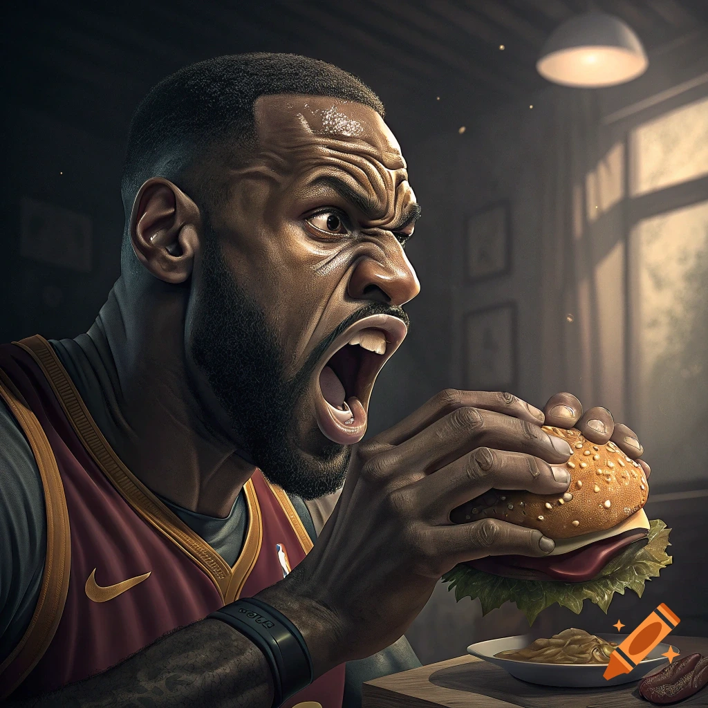 Realistic illustration of LeBron James angrily eating a burger.