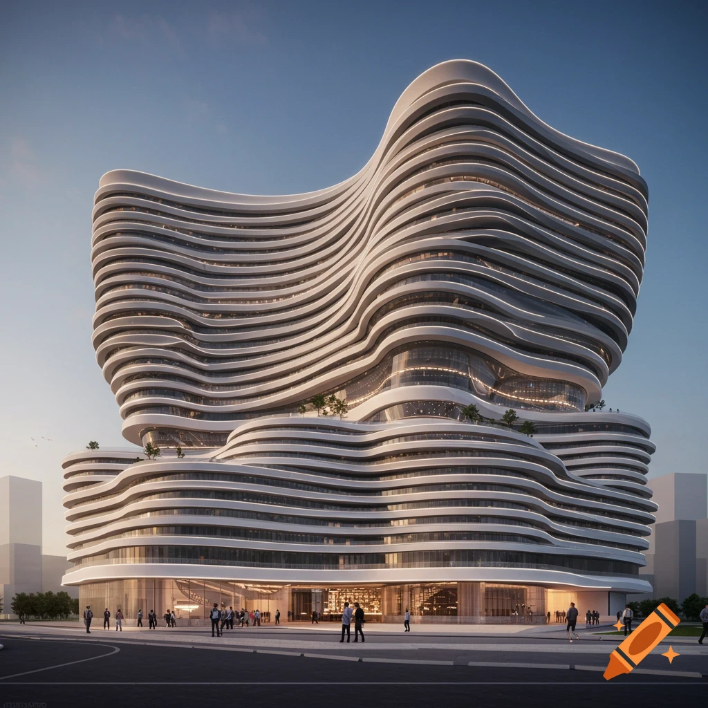 Photorealistic rendering of a large, wave-like futuristic building with people walking in front.