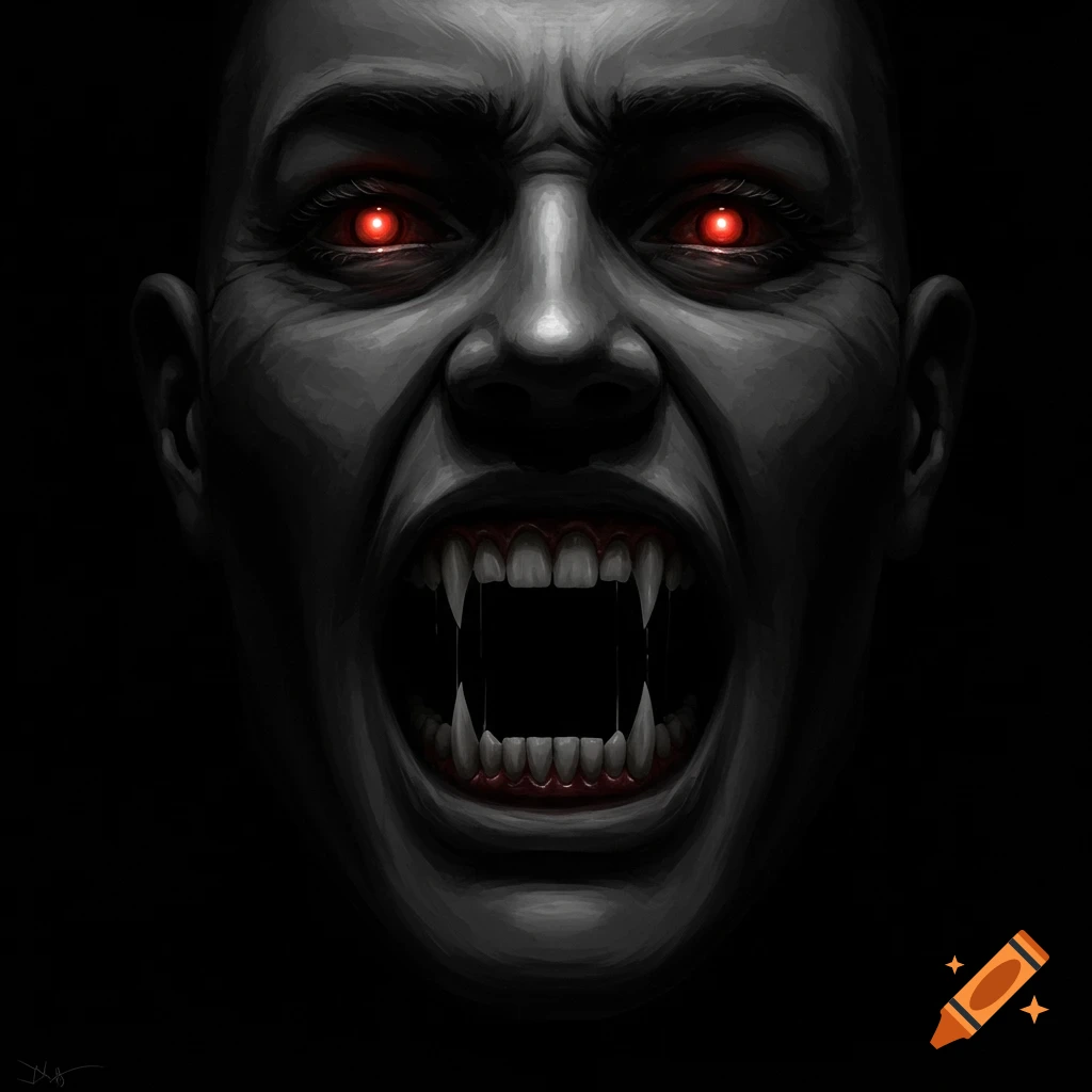 A scary face with red eyes and fangs in the dark.