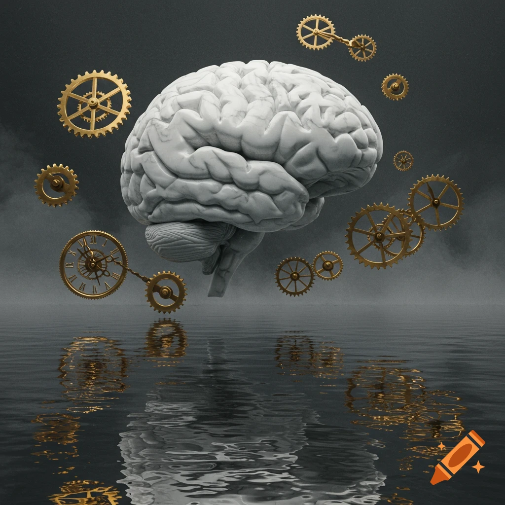 A white marble brain floats above water, surrounded by golden gears and a clock, reflecting in the surface.