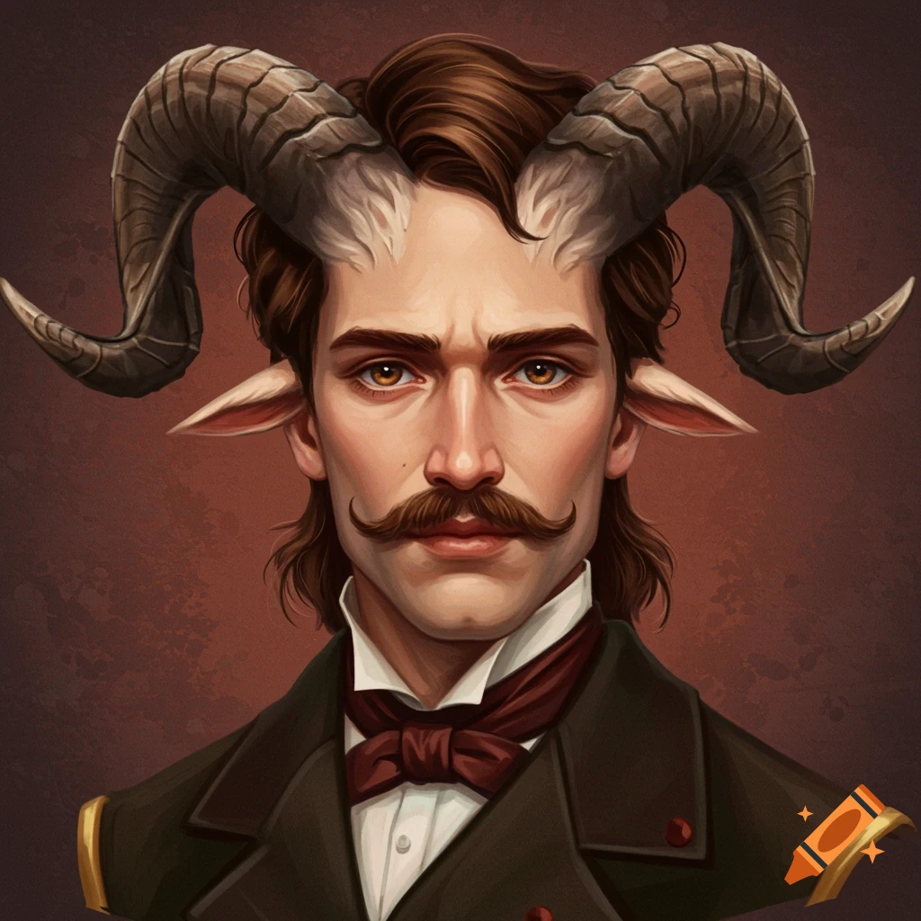 Portrait of a man with goat horns and ears, mustache, wearing Victorian clothes.