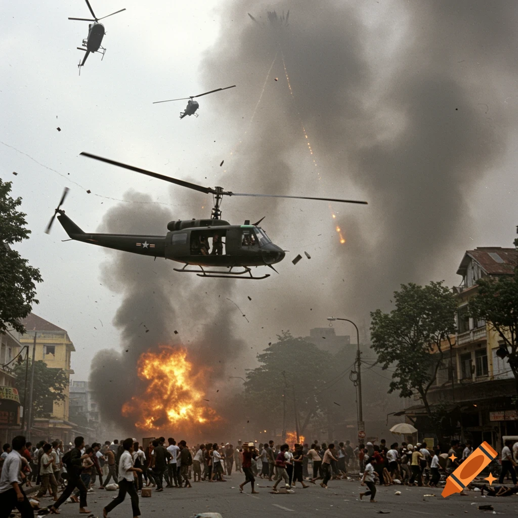 Helicopters hover over a chaotic urban scene with fire, smoke, and people running in the street during conflict.