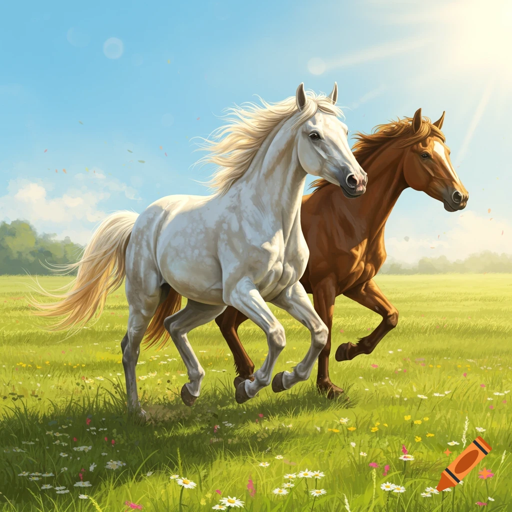 A white horse and a brown horse running in a grassy field under a sunny sky.