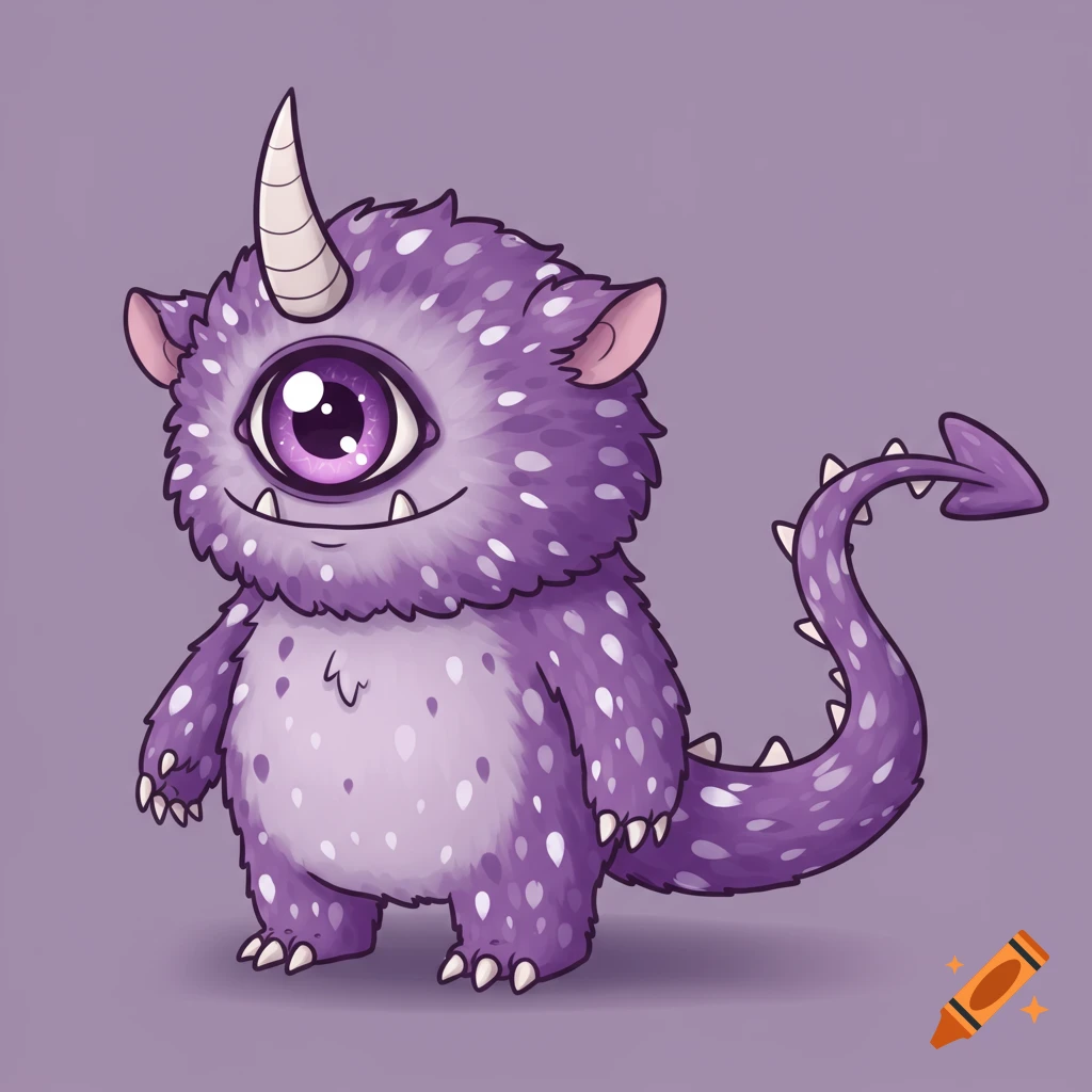 A cute purple spotted monster with one eye, a horn, and a spiked tail, illustrated against a purple background.