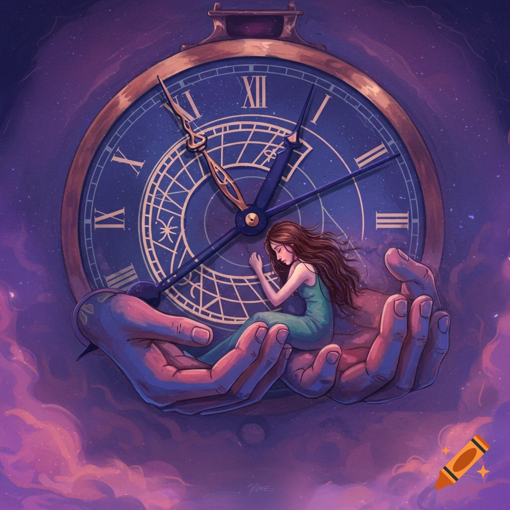 A woman sleeps on giant hands over a large clock face in a starry sky.