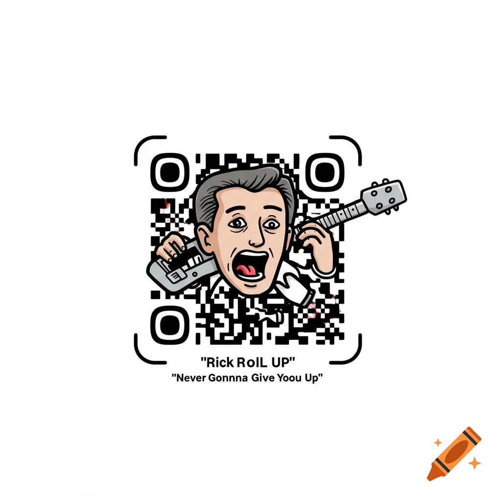 Cartoon character playing guitar in a QR code with text below