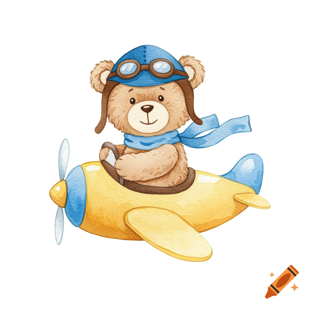 Watercolor illustration of a teddy bear in a pilot hat and goggles flying a yellow and blue cartoon airplane.