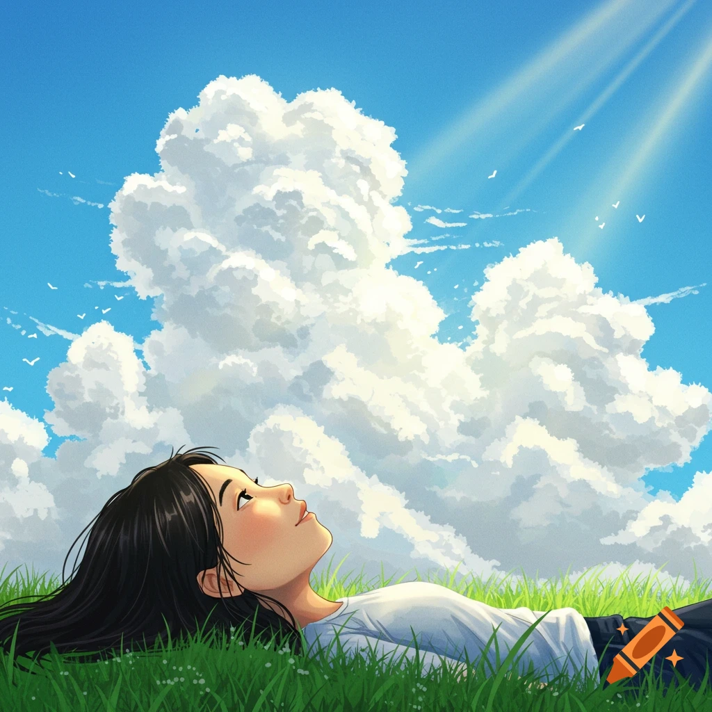 A person lying in grass gazing at clouds in a blue sky.