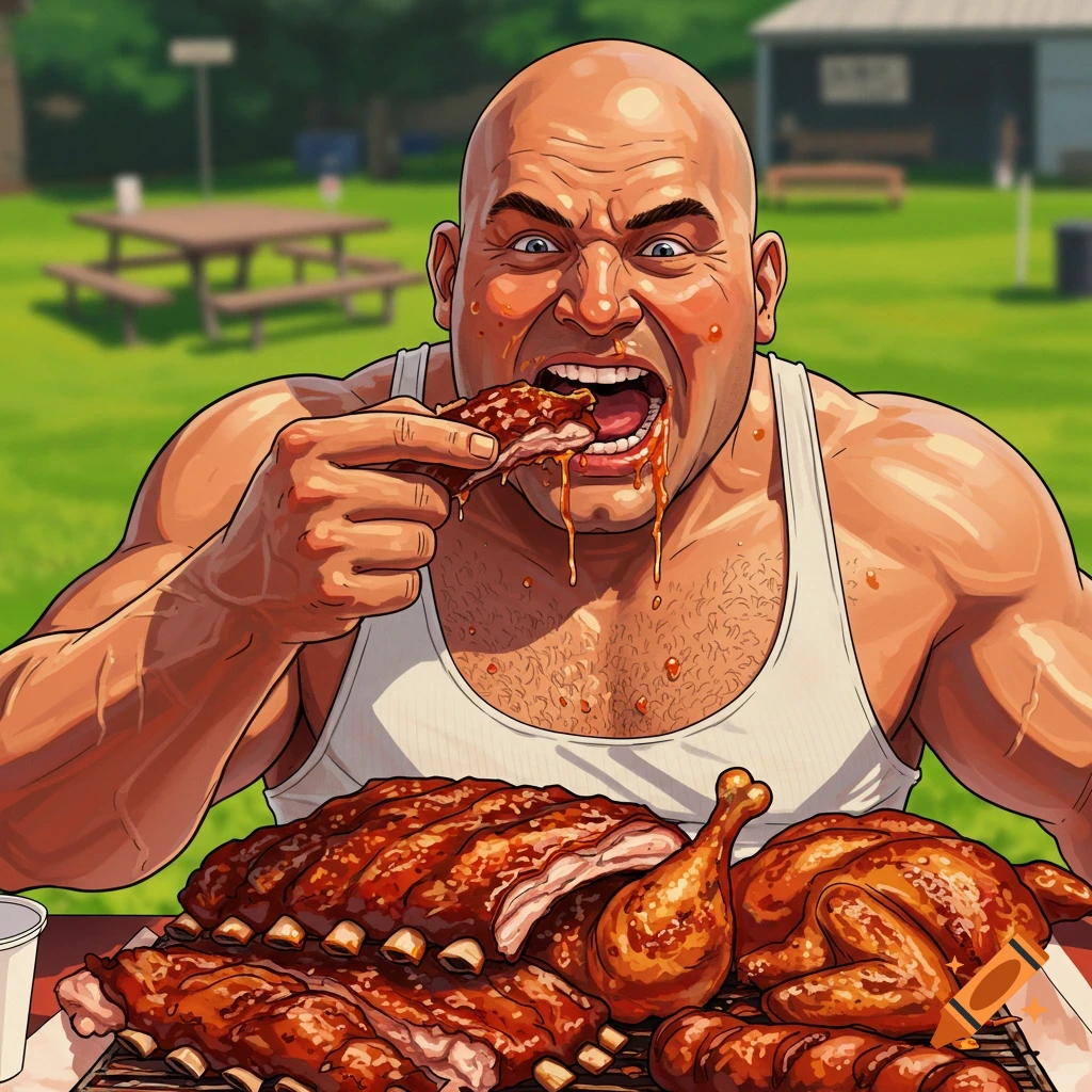 A strong bald man eating BBQ outdoors.
