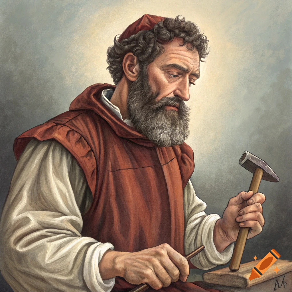 Painting of a bearded man in historical clothing working with a hammer and chisel.