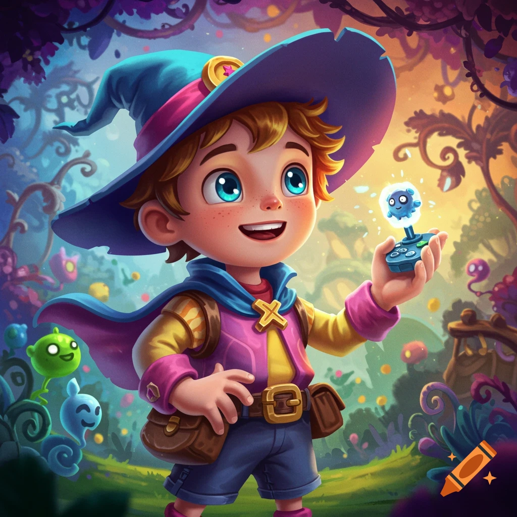 Young boy wizard holding a glowing joystick in a vibrant, whimsical fantasy landscape.