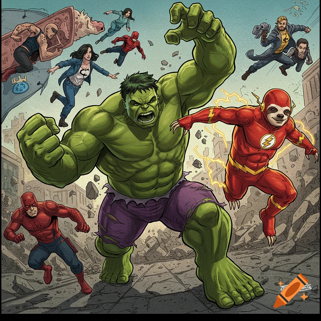 A group of comic book superheroes, including Hulk, a sloth dressed as Flash, and Daredevil, in a destroyed city.