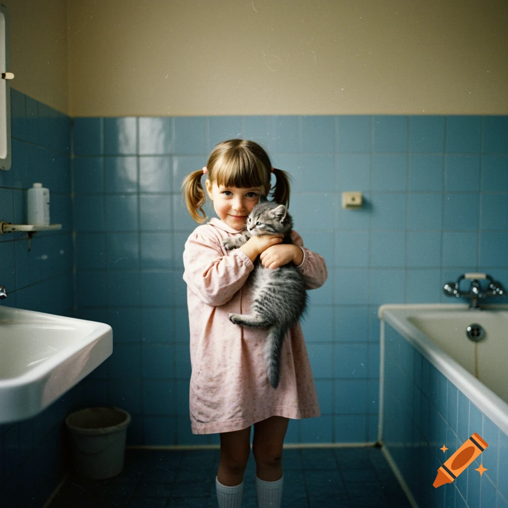 Vintage photo of a girl with pigtails holding a grey kitten in a bathroom.