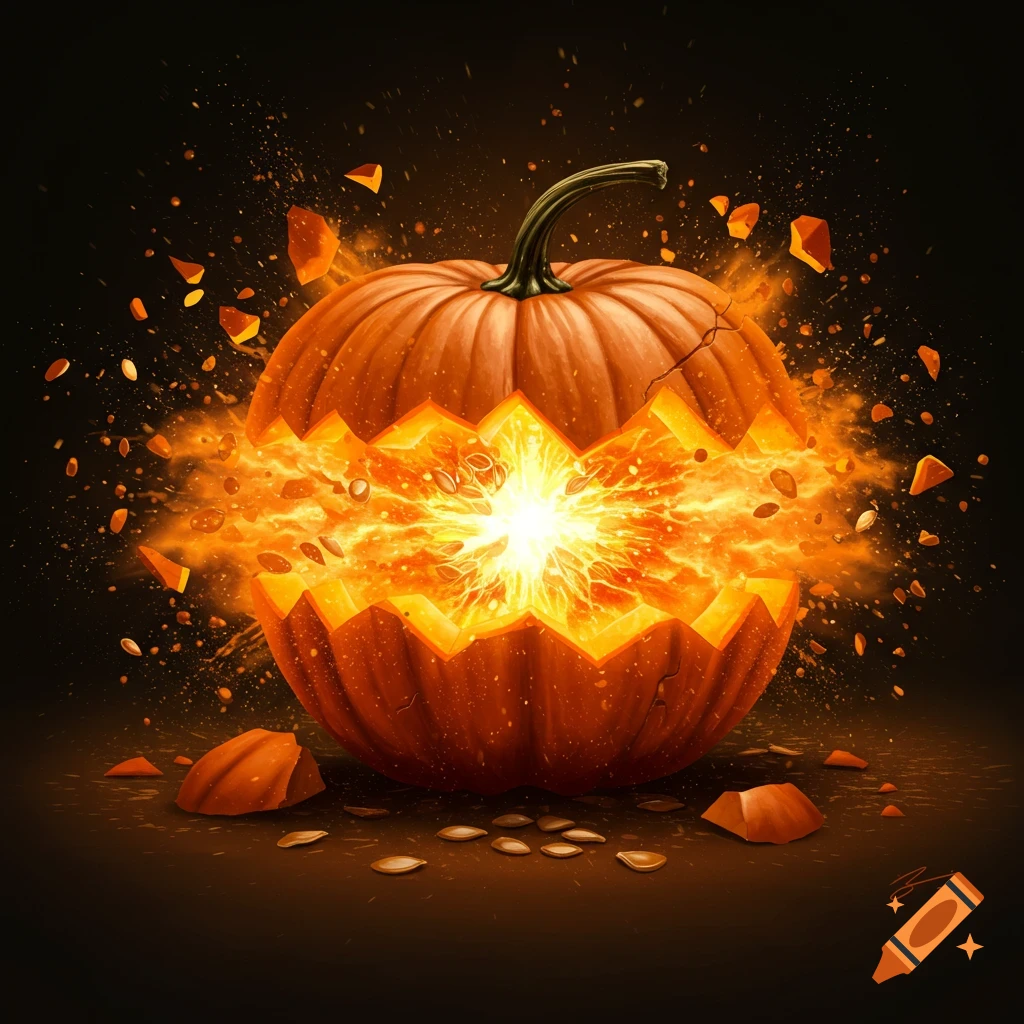 A pumpkin exploding with fiery energy.