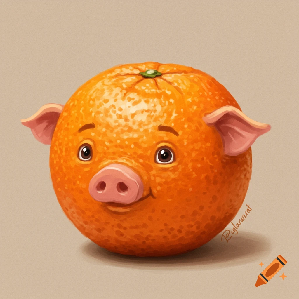 An orange with pig ears, nose, and eyes
