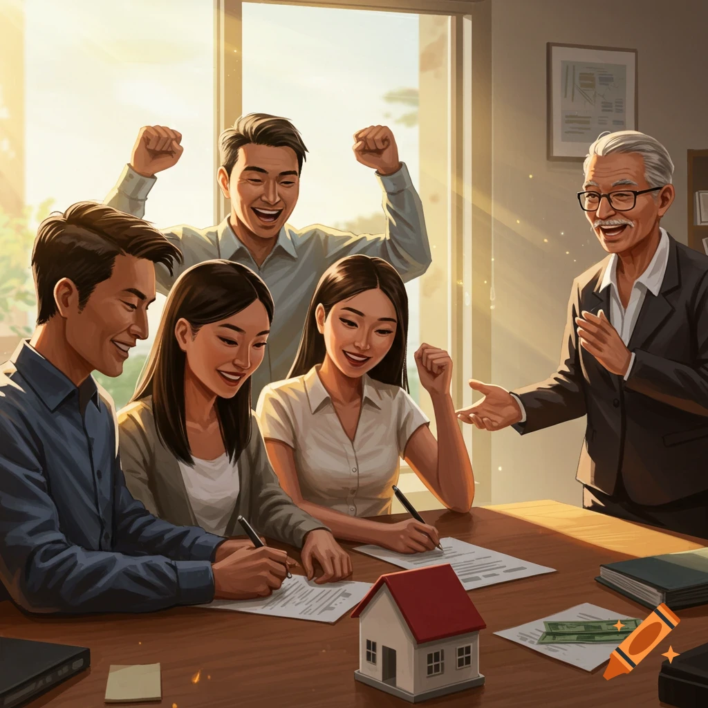 A group of people celebrates while signing home buying documents at a table with a model house.