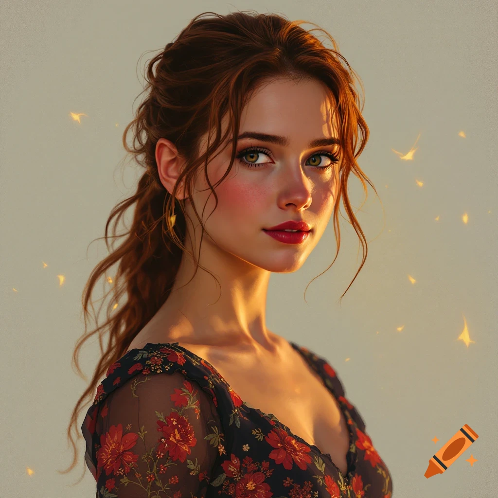 Portrait of a red-haired woman in a floral dress with light effects.