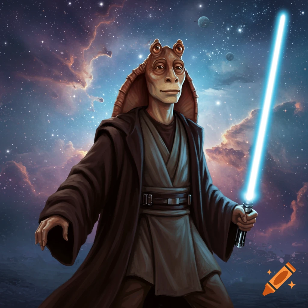 Jar Jar Binks dressed as a Jedi holds a lightsaber in space.