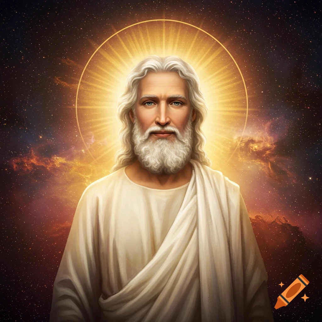 A spiritual figure with a halo and beard against a cosmic background