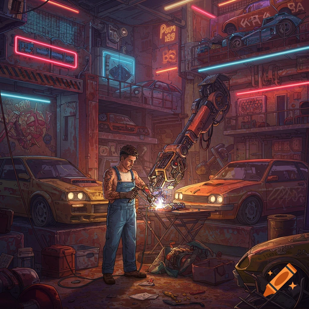 Painting of a mechanic welding in a futuristic neon-lit garage with cars and a robot arm.