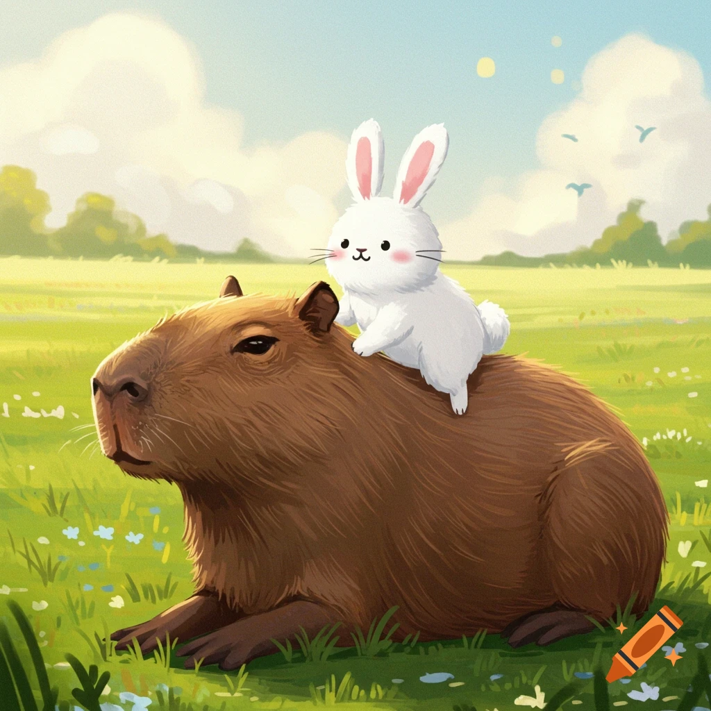 Cute bunny riding a capybara in a grassy field.