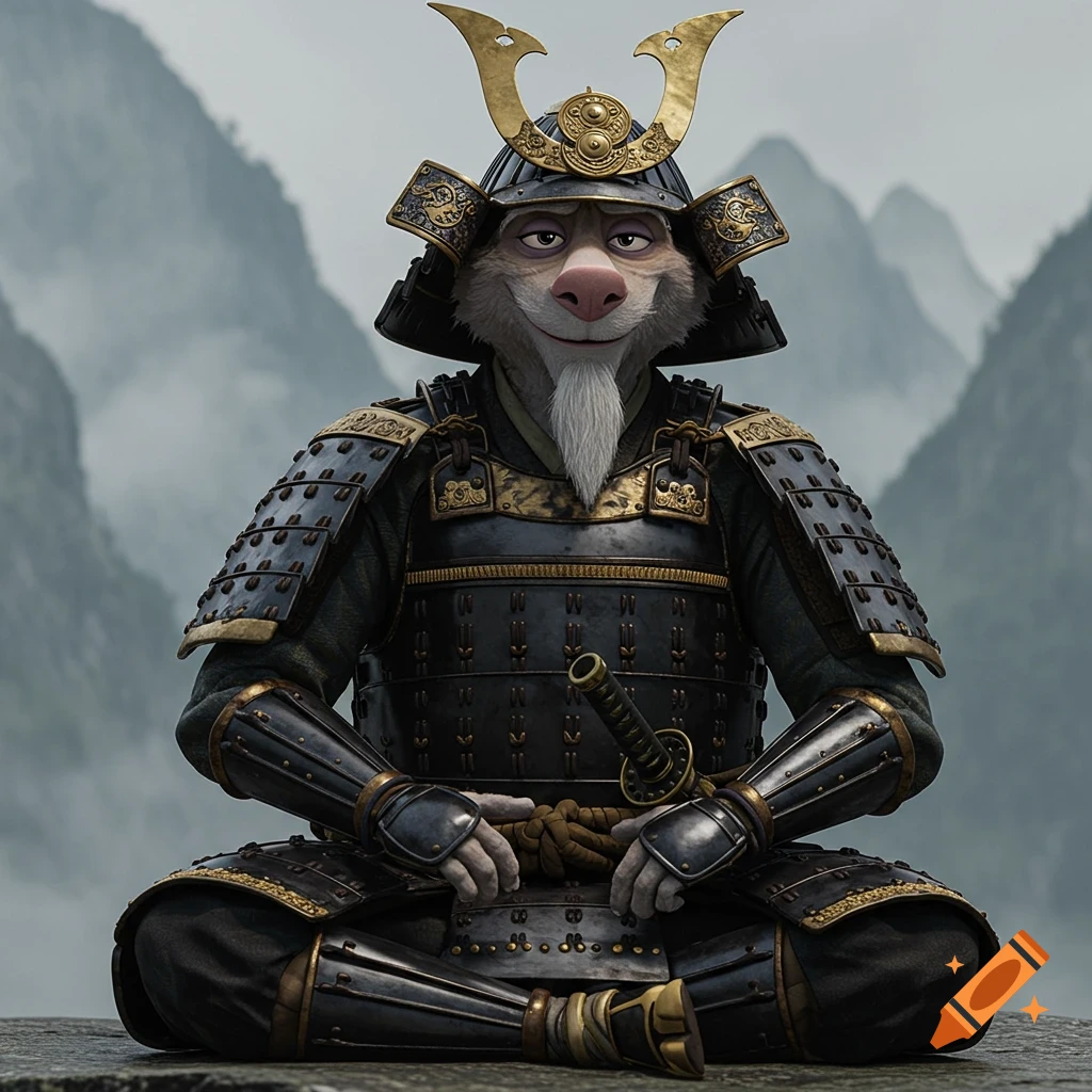 A stylized animal character in samurai armor sits meditating on a rock with mountains in the background.