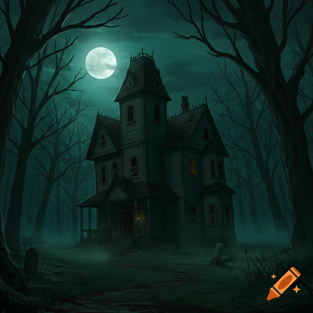 A haunted house stands in a spooky forest under a full moon.