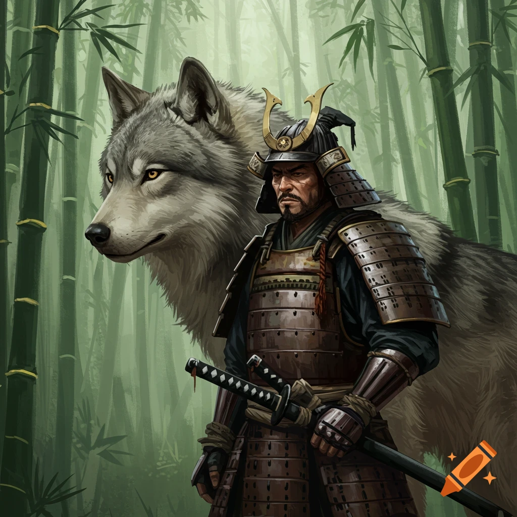 A samurai and a wolf stand together in a bamboo forest.