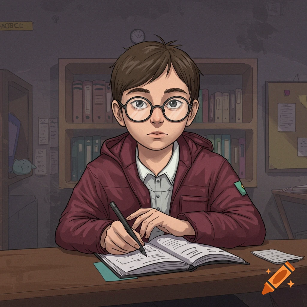 An illustration of a young boy with glasses studying at a desk with a book and pen.