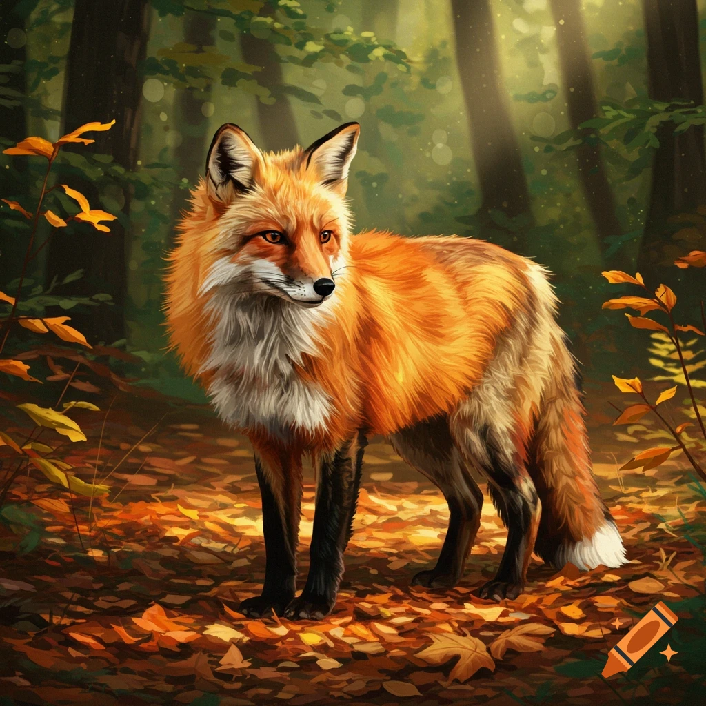 A fox standing in a forest with autumn leaves on the ground.