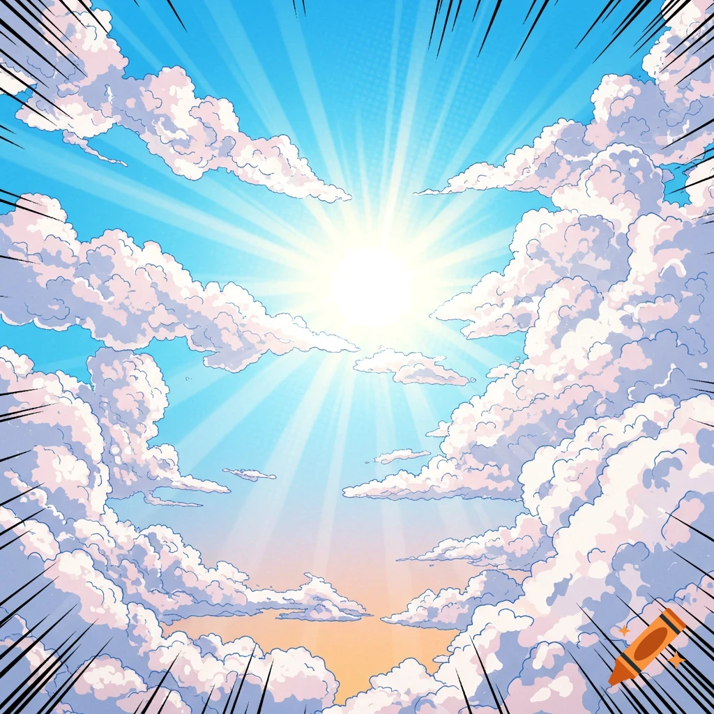 Comic book illustration of sun rays breaking through clouds in a blue sky.