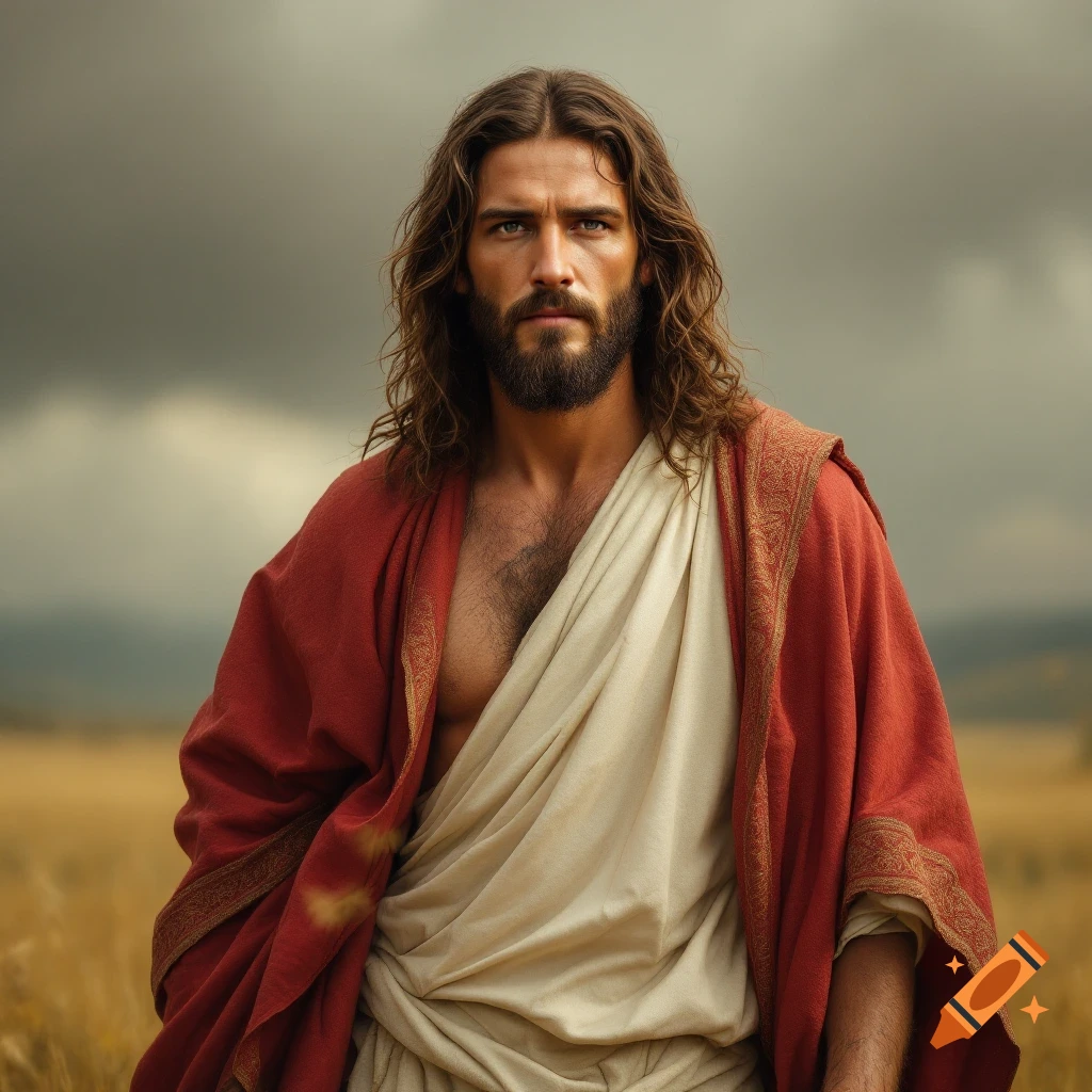 Portrait of a man resembling Jesus Christ, with long hair and beard, wearing robes in a field under a dramatic sky.