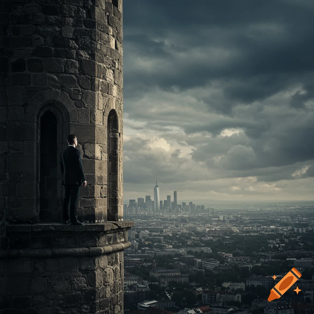 Man in suit on stone tower balcony looking at a city skyline under a stormy sky