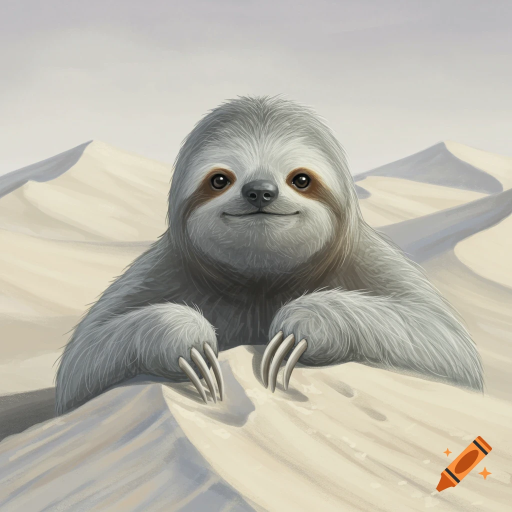 A sloth is shown peeking over a sand dune in a desert.