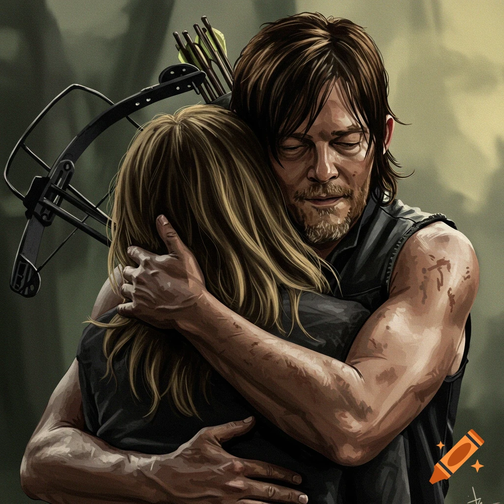 Daryl Dixon hugging a woman with blonde hair