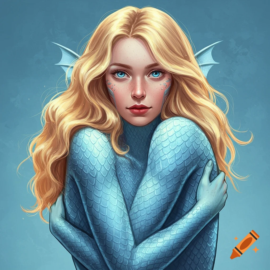 A woman with blonde hair, blue eyes, and freckles, wearing a blue scaled suit with fins, embracing herself.