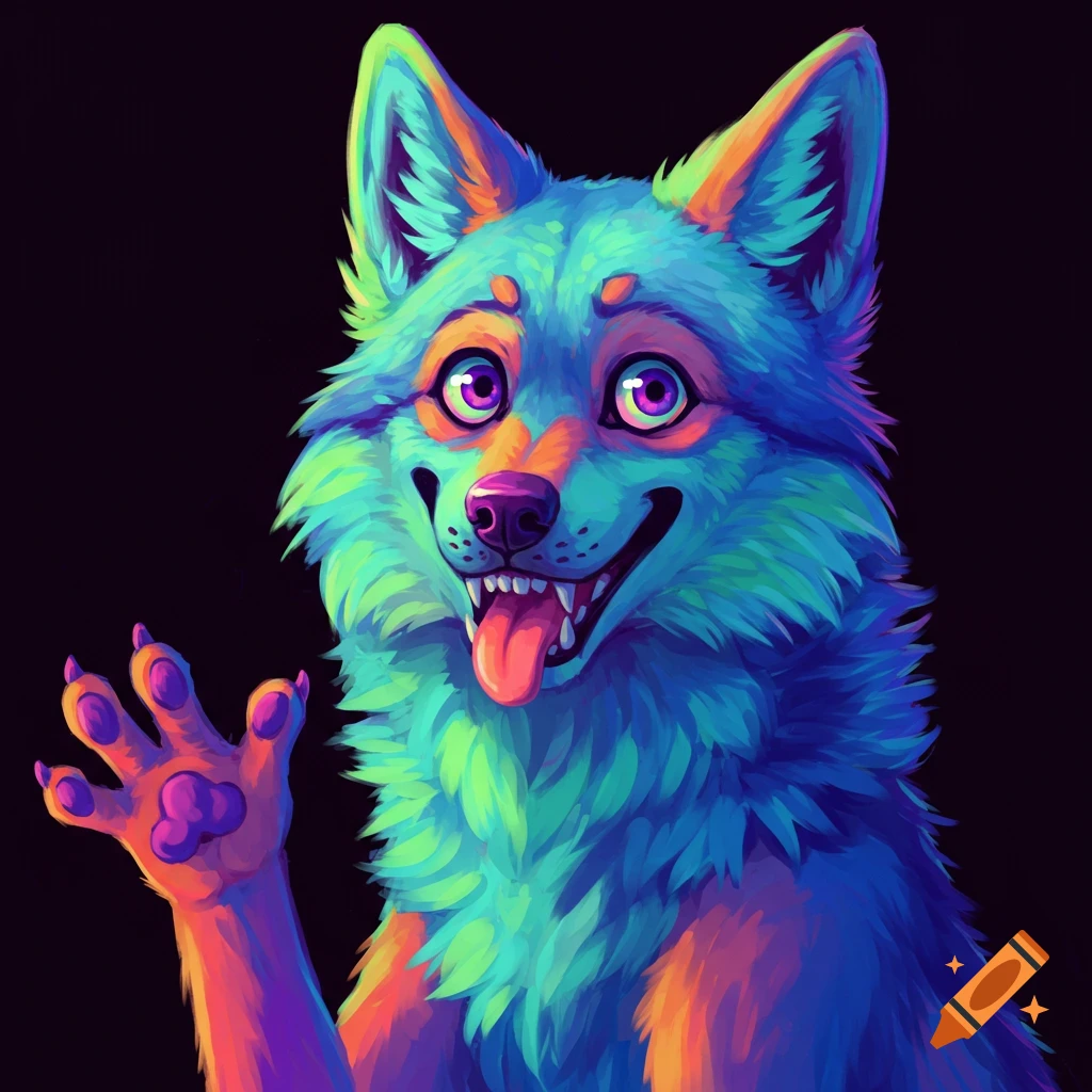 A colorful, stylized wolf with a goofy expression waves its paw.