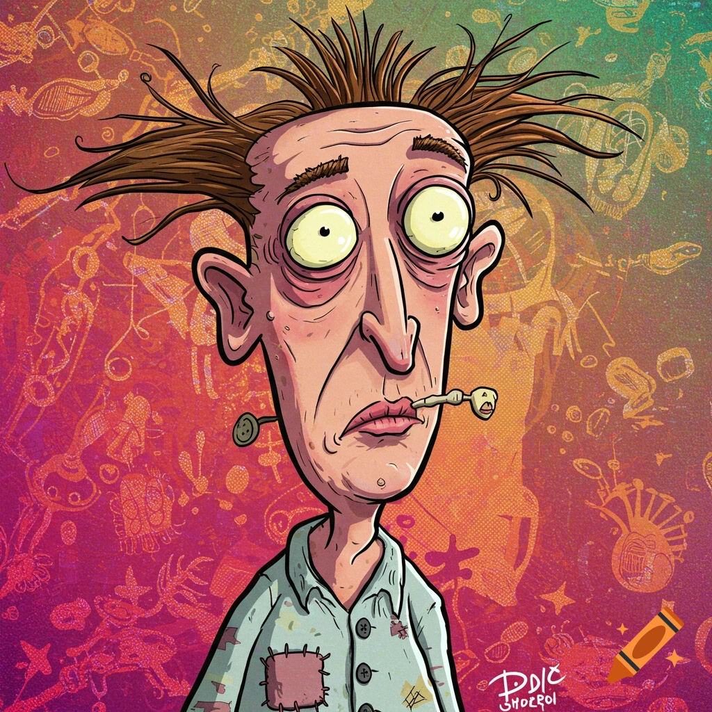 A cartoon portrait of a disheveled character with large eyes, messy hair, and a patched shirt.