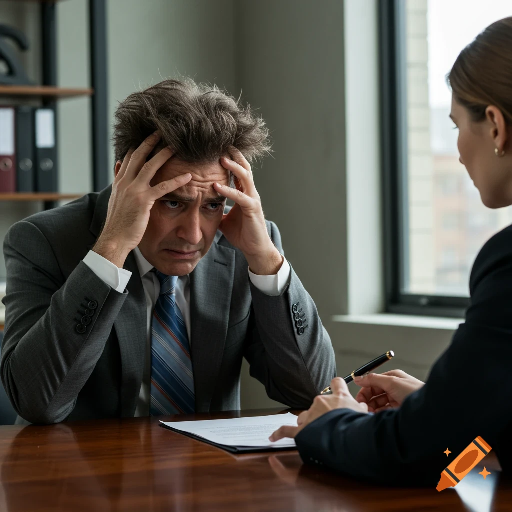 A stressed man holds his head while sitting at a desk with a lawyer.