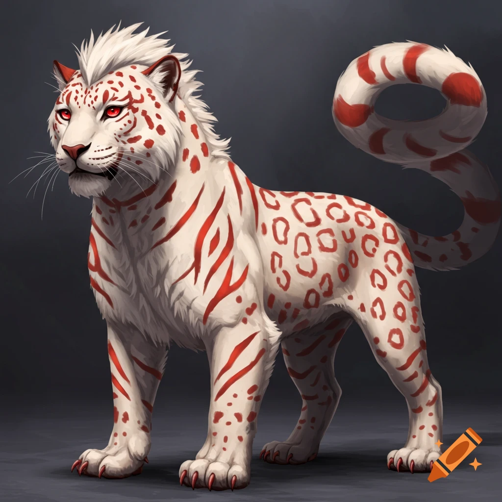 A white fantasy big cat creature with red stripes and spots, red eyes, and a ringed tail.