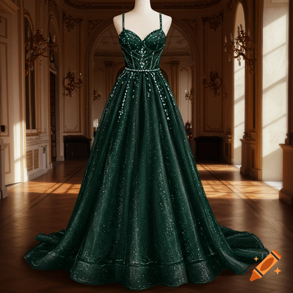 A sparkly dark green formal dress on a mannequin in a grand hall.