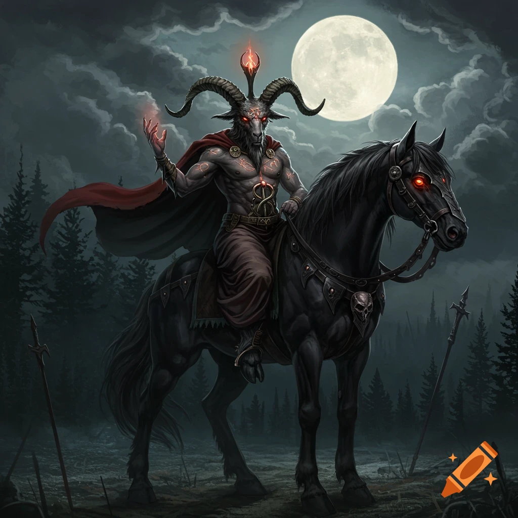 Baphomet riding a black horse under a full moon in a dark forest landscape with swords in the ground.