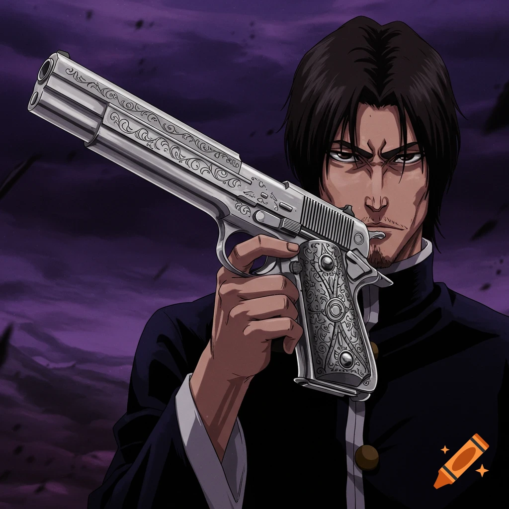 Anime character holding a large, silver handgun.