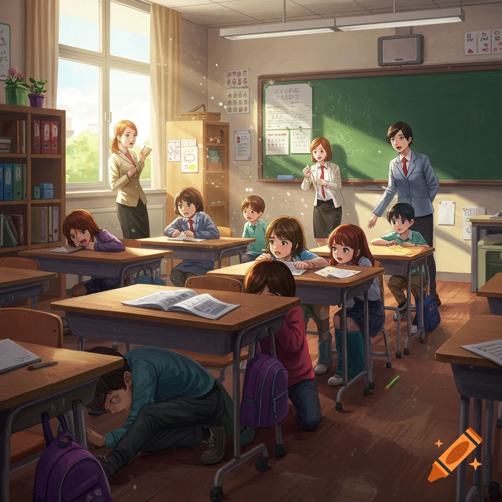 Anime-style depiction of students hiding under desks in a classroom with teachers present.