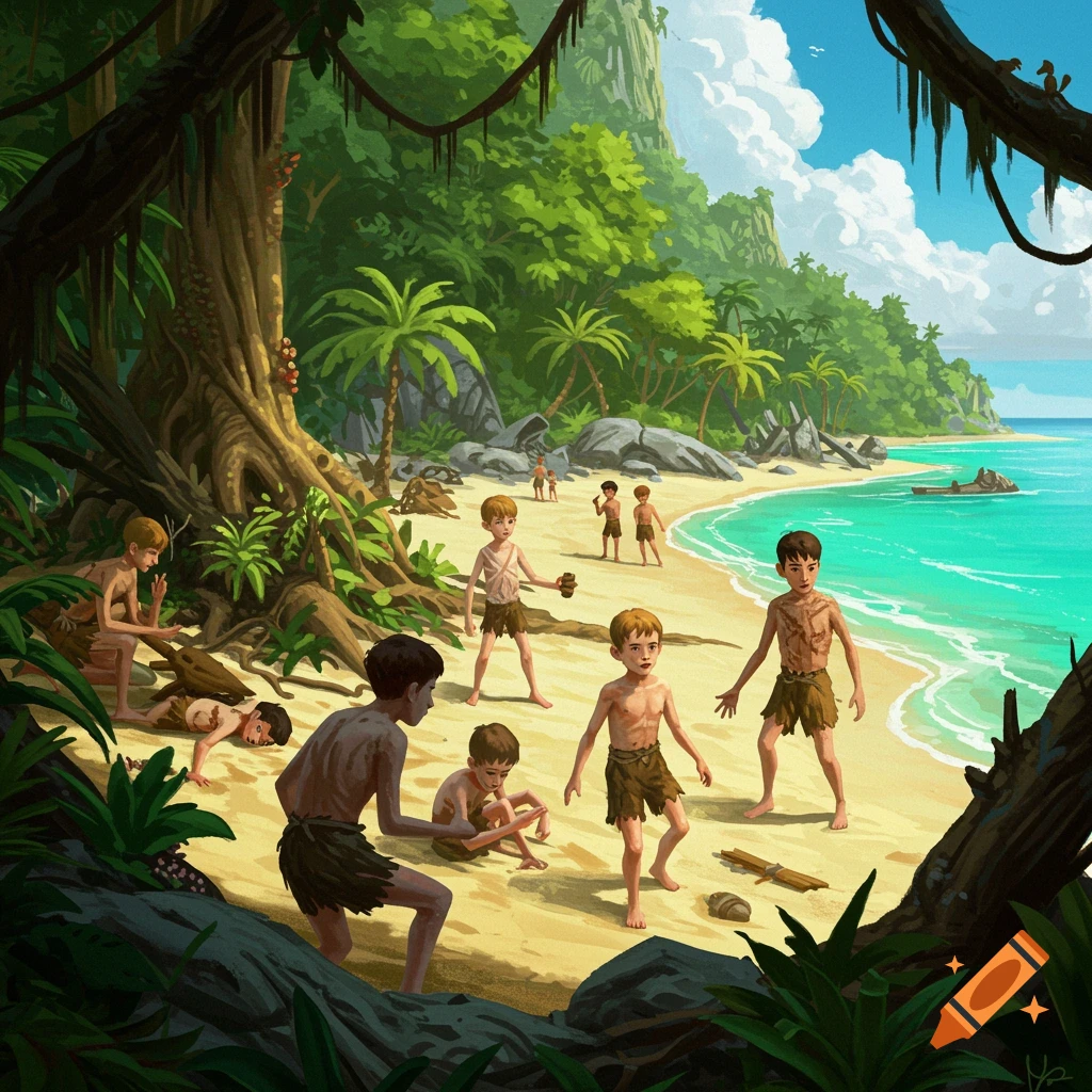 Boys in primitive clothes on a tropical beach.