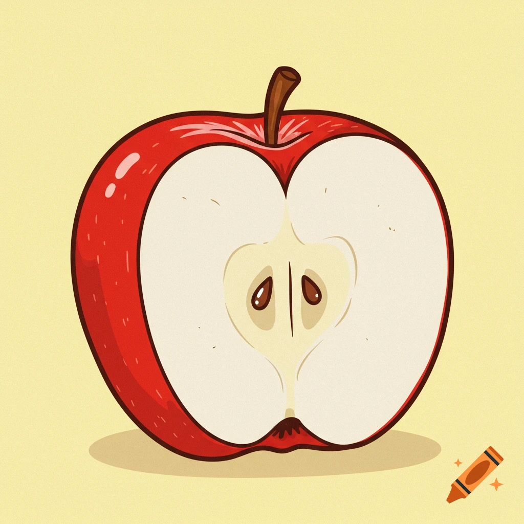 Cartoon illustration of a red apple cut in half