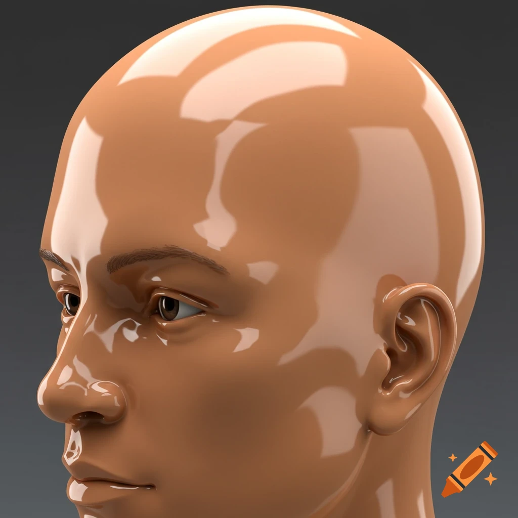 A close-up profile view of a bald, shiny, light brown head model.